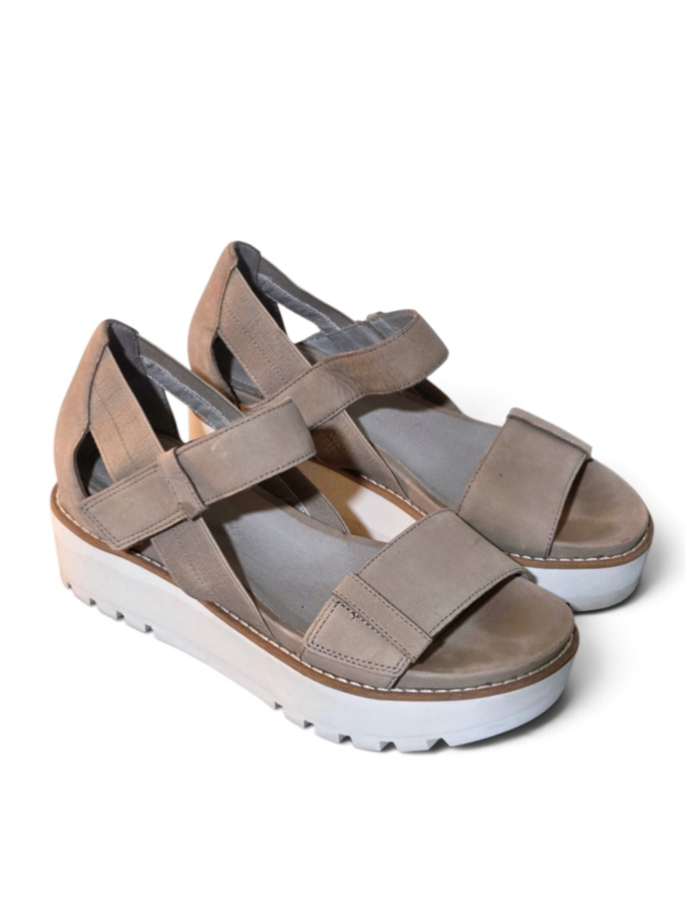 Eileen Fisher Luck Platform Wedge Leather Beige Sandals Taupe Gray Comfort Shoes